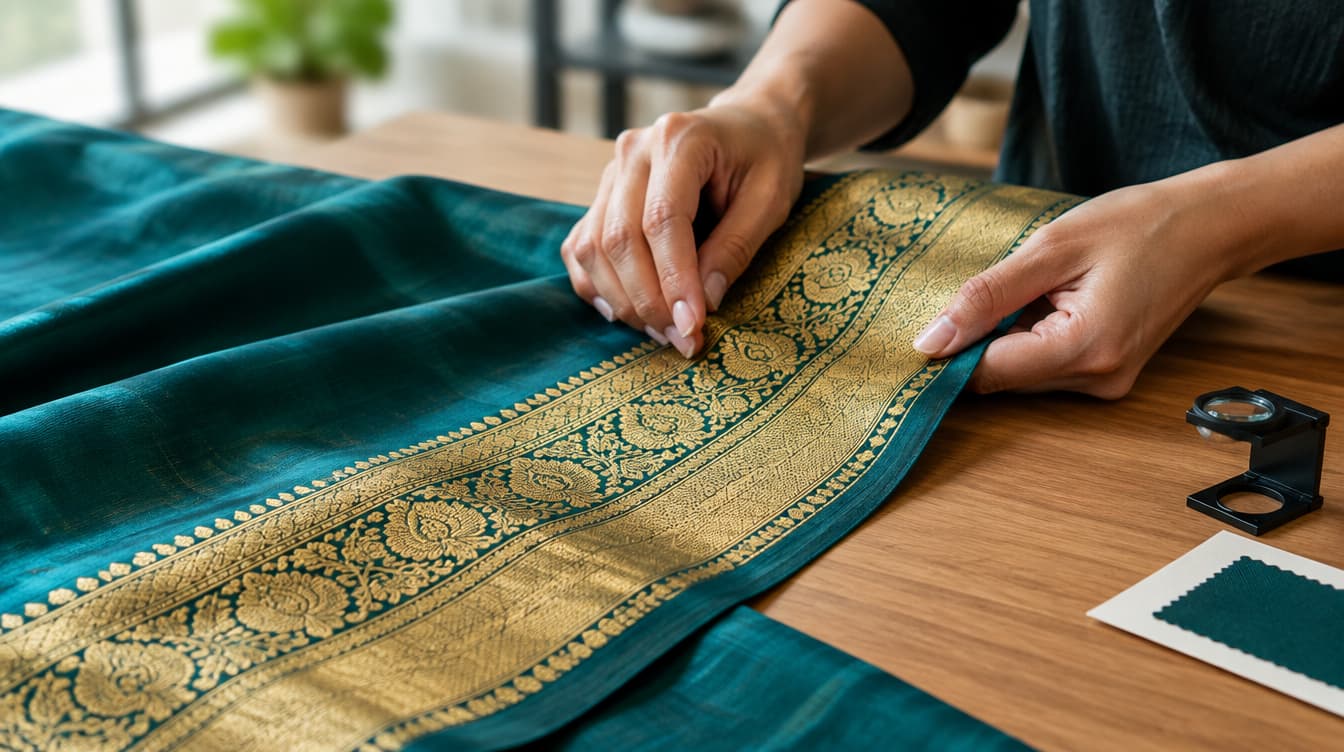 Hands inspecting the zari border of a teal silk saree during individual assessment