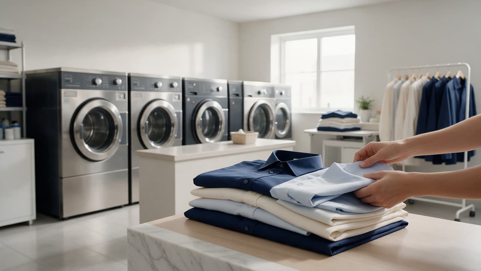 Folded fresh laundry stacked at the Vestido Fabwash Studio facility in Bangalore, with commercial washing machines in the background