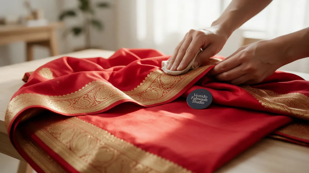 Hands polishing the gold zari border of a red silk saree