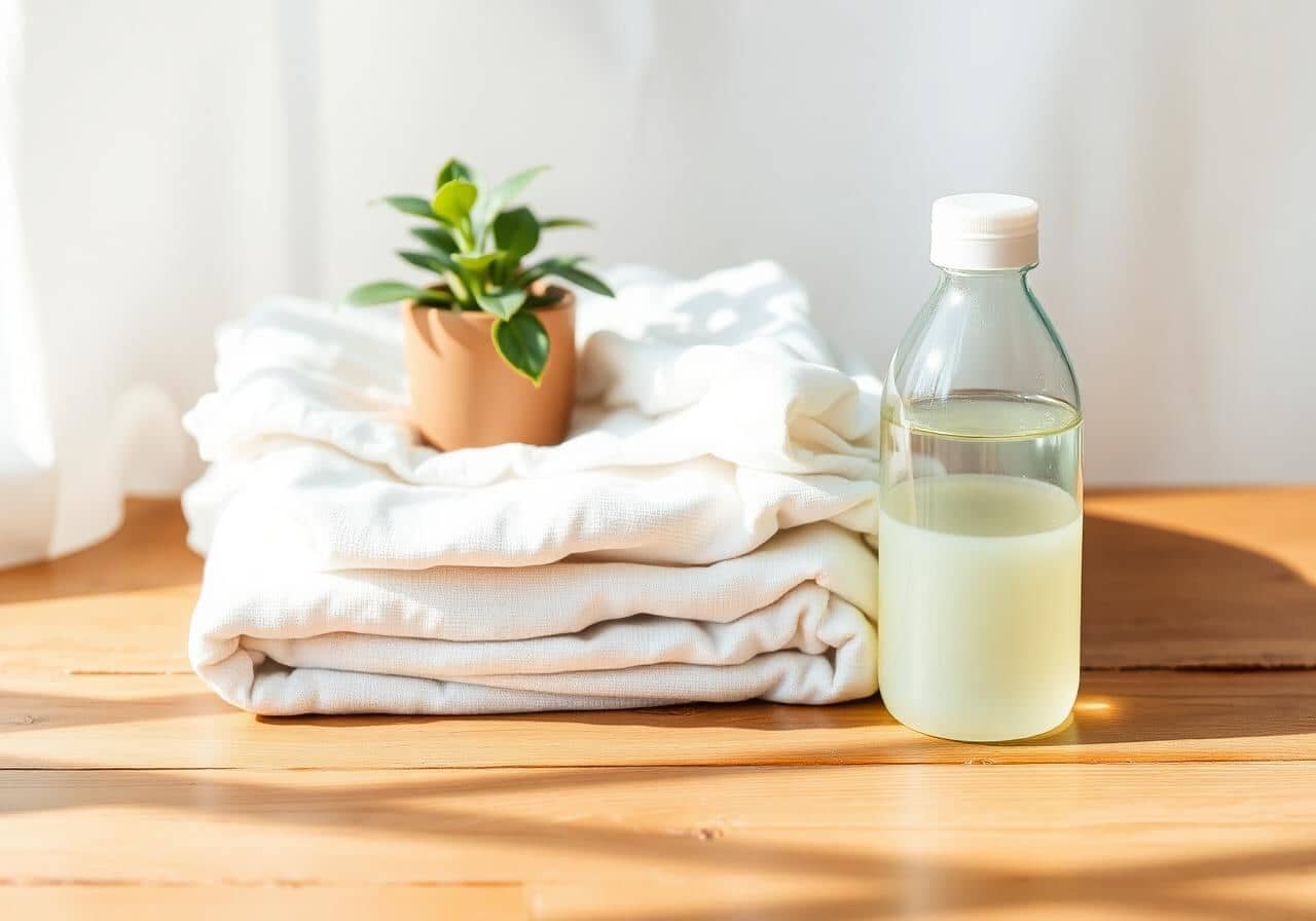 Sustainable laundry practices — biodegradable detergent and fresh folded clothes