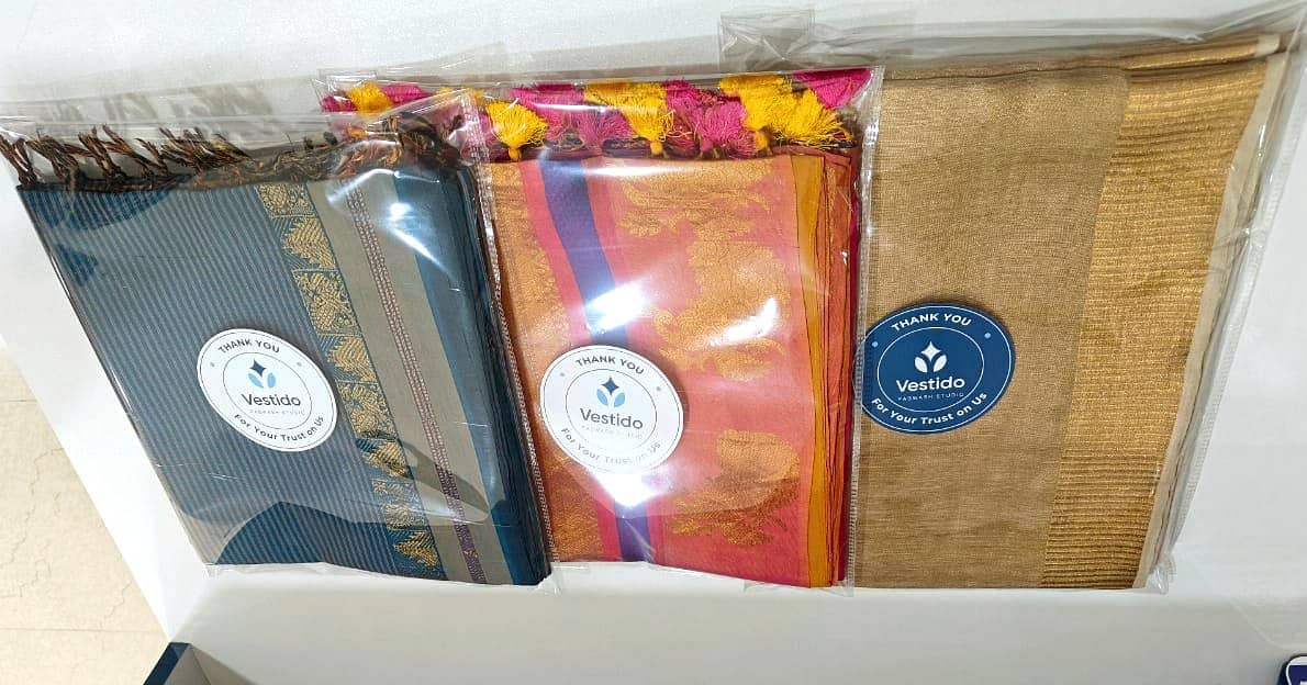 Silk sarees packaged by Vestido Fabwash Studio