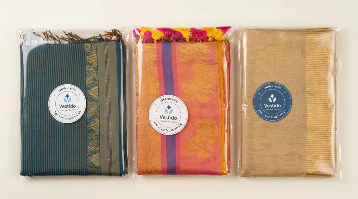 Finished sarees tissue-packed for storage